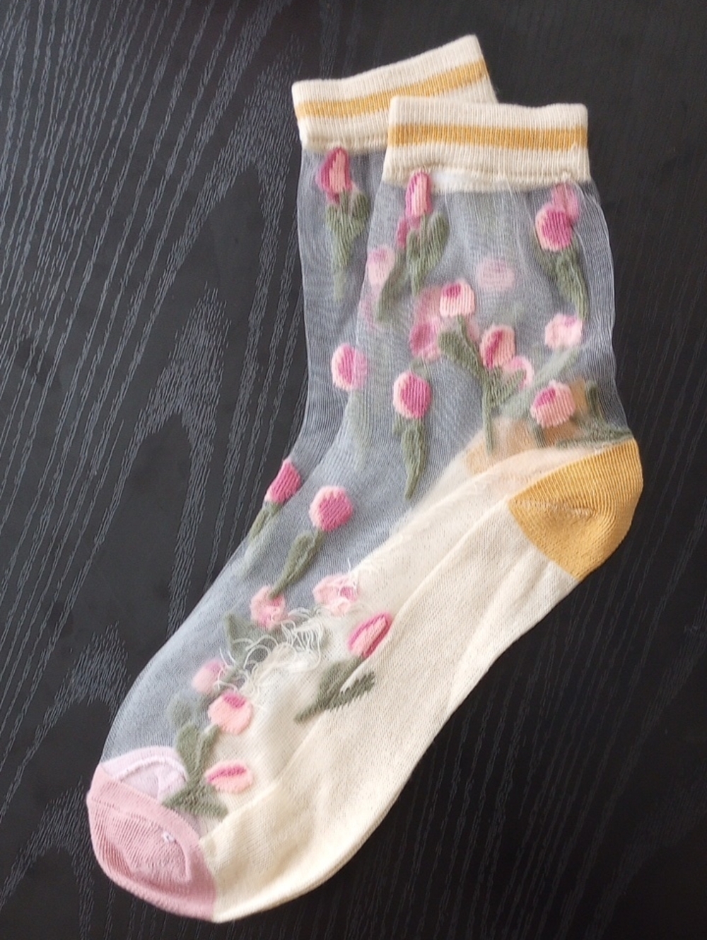 Summer Sheer Floral Midcalf Socks Pink, Green, Cream, Mustard Yellow